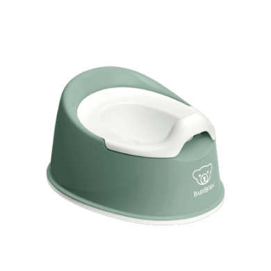 Deep green potty with a white inner seat, featuring a smooth, rounded design and a bear logo, made from durable plastic for easy cleaning.