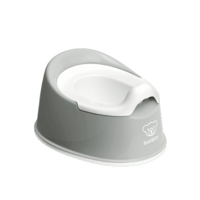 Grey and white BabyBjorn Smart Potty featuring a smooth, rounded design with a comfortable backrest and a removable inner pot for easy cleaning.