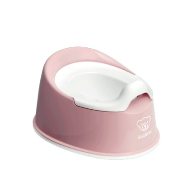 Light pink BabyBjorn potty with a white inner bowl, featuring a bear logo and a contoured design for comfort and stability.