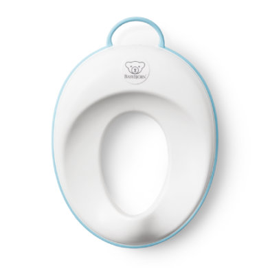White toilet training seat with a turquoise rim and a bear logo, featuring a sturdy design and a convenient handle for easy placement and removal.