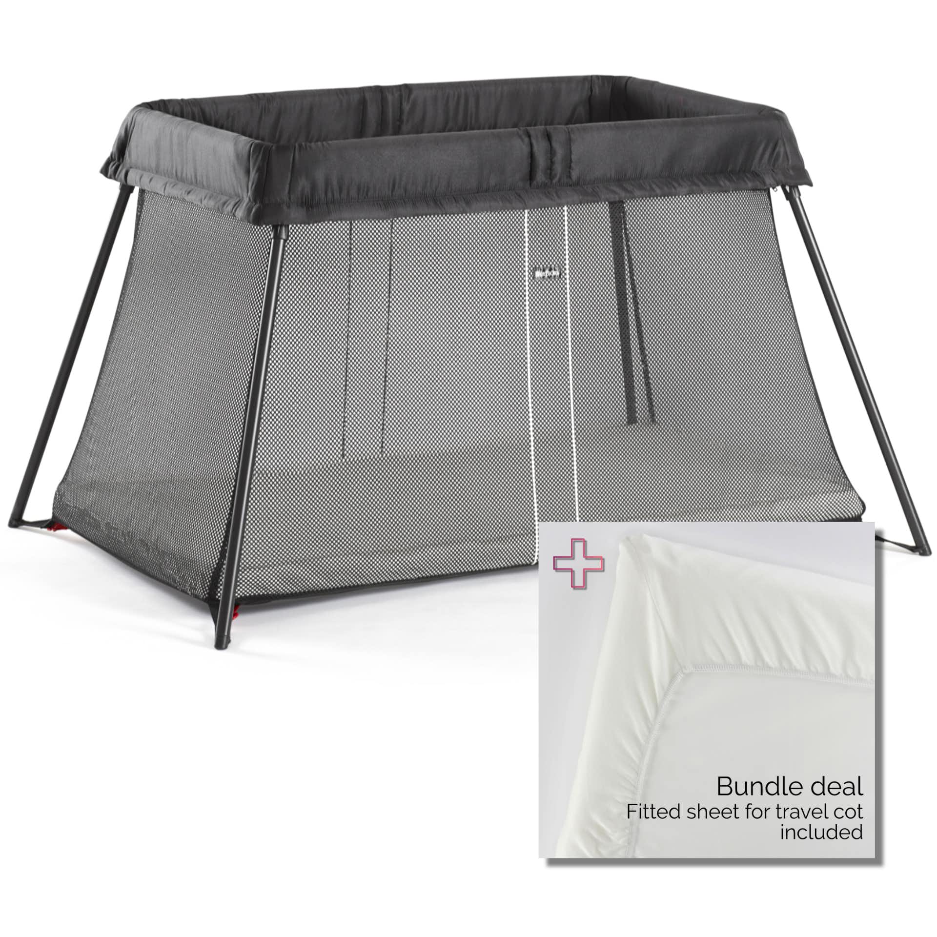 Black BABYBJÖRN Travel Cot Light with a mesh design and a fitted sheet included, featuring a sturdy frame and compact fold for easy transport.