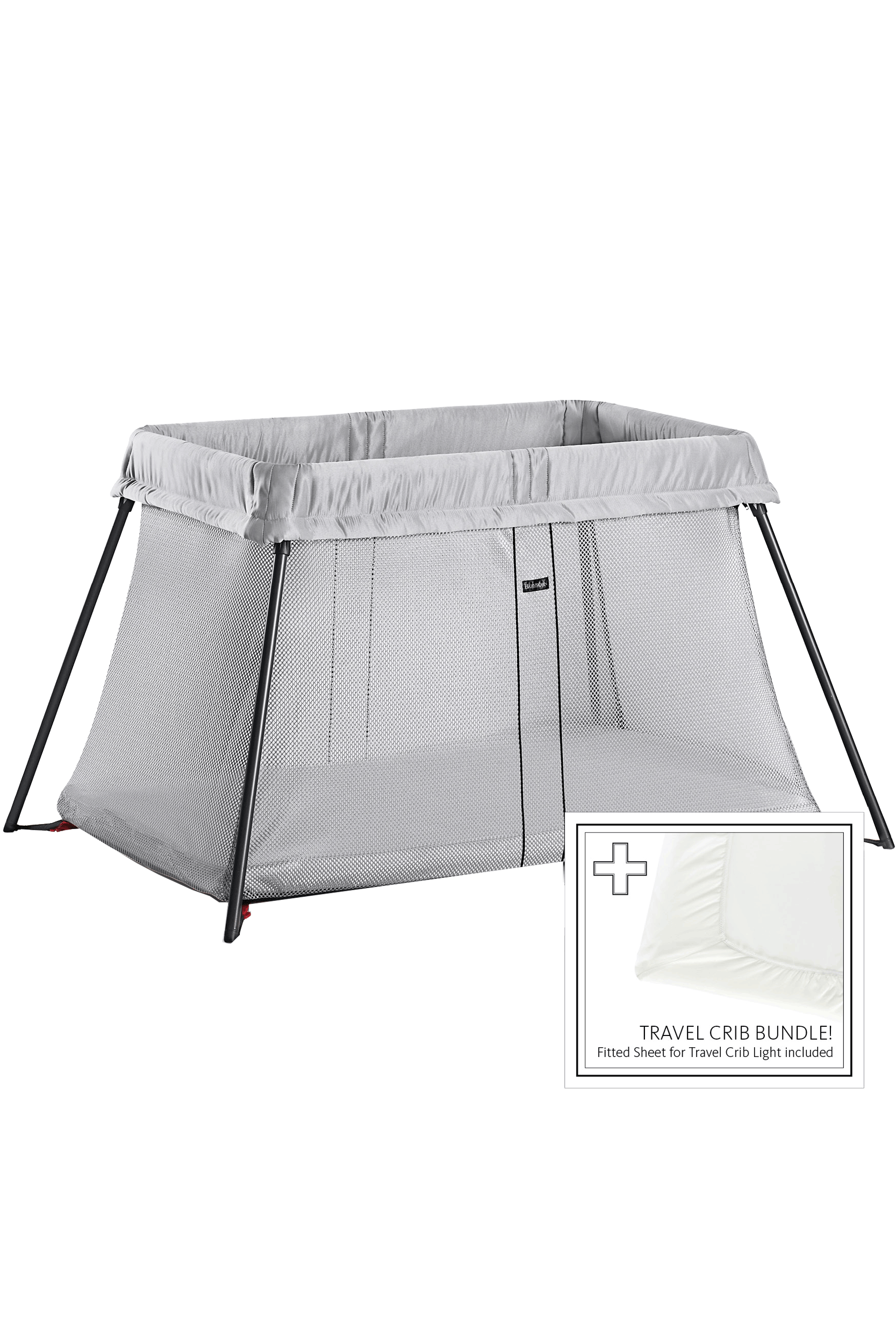 Light silver travel cot with mesh sides, foldable design, and black metal frame, accompanied by a fitted sheet for added comfort.
