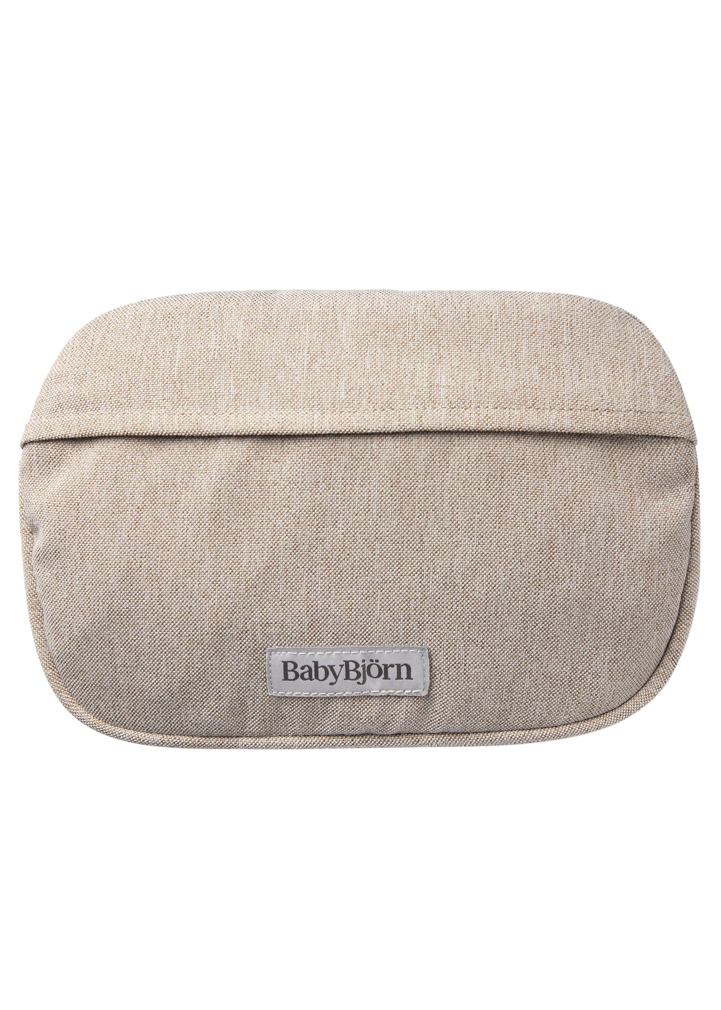 Light beige pocket pouch made of woven mélange fabric, featuring a flap closure and a BabyBjörn logo on the front for baby carriers.