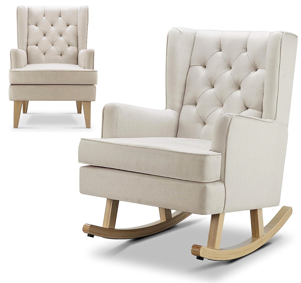 Light beige upholstered nursing chair and rocker with tufted backrest, wooden rocking base, and cushioned seat, designed for comfort and style in a nursery setting.