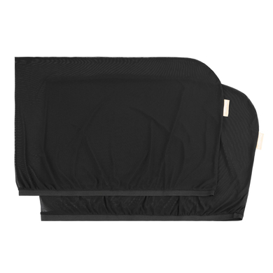 Two black car window shades for babies, made of lightweight mesh material, featuring a curved design and elastic edges for easy installation on car windows.