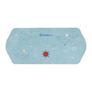 Light blue extra-large bath mat featuring playful whale and sea creature designs, made of non-slip material with a thermal sensor, measuring 91x40 cm.