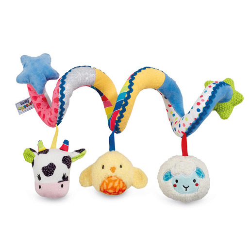 Colorful fabric activity spiral featuring a cow, chick, and sheep, with textured materials and vibrant patterns, designed for sensory play and attachment to strollers or cribs.