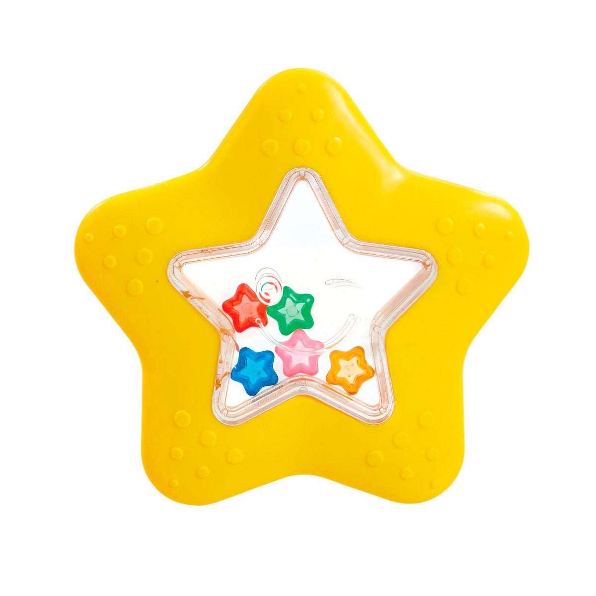 Bright yellow star-shaped teether rattle featuring a transparent center with colorful star-shaped beads inside, designed for sensory play and teething relief.