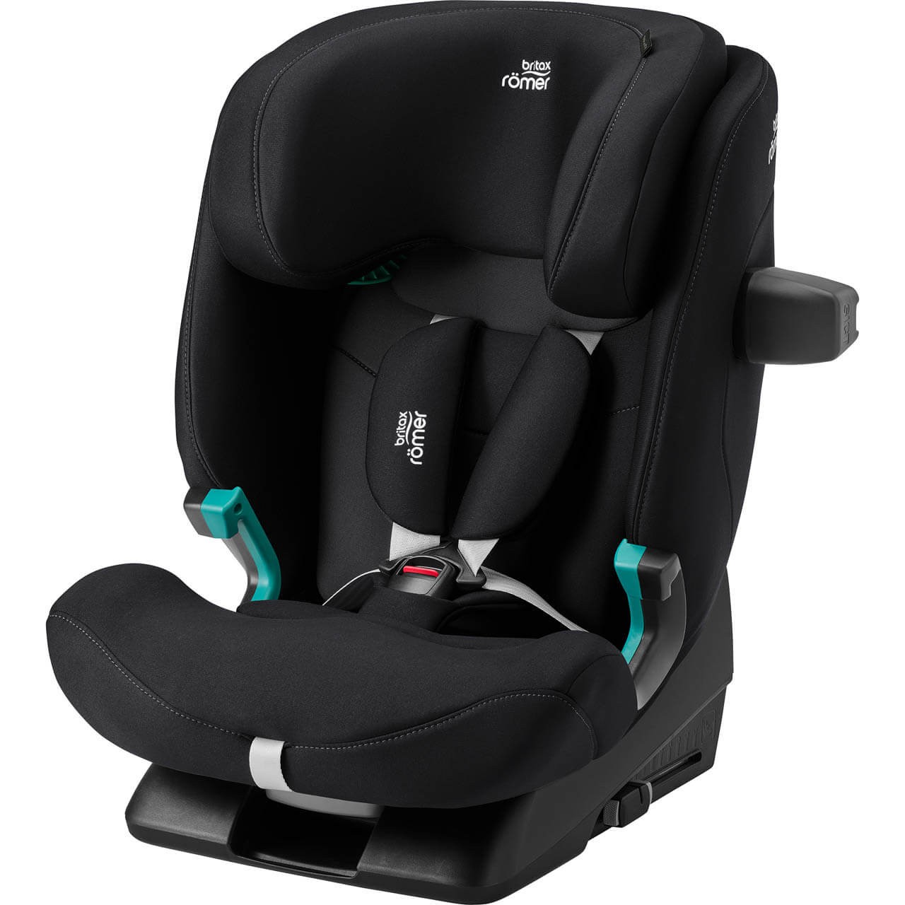 Britax Advansafix Pro car seat in black fabric with turquoise accents, featuring adjustable headrest, side impact protection, and a secure harness system for children 15 months to 12 years.