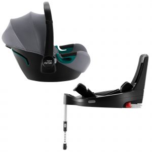 Britax Romer BABY-SAFE 3 I-SIZE car seat in frost grey with a soft fabric exterior, adjustable handle, and a base featuring a support leg for stability.