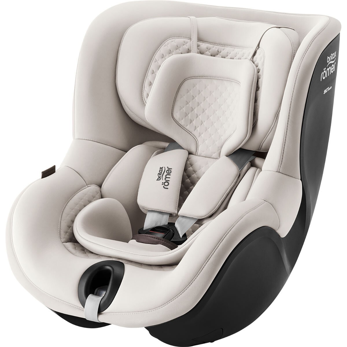 Britax Römer Diamond Dualfix 5Z child seat in soft taupe, featuring a plush quilted design, adjustable headrest, and a sturdy black base for safety and comfort.