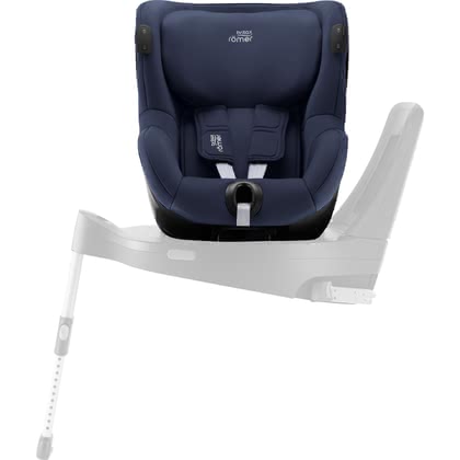 Britax Romer DUALFIX ISENSE Car Seat in indigo blue, featuring a padded seat, adjustable headrest, and a sturdy base with a support leg for enhanced safety.