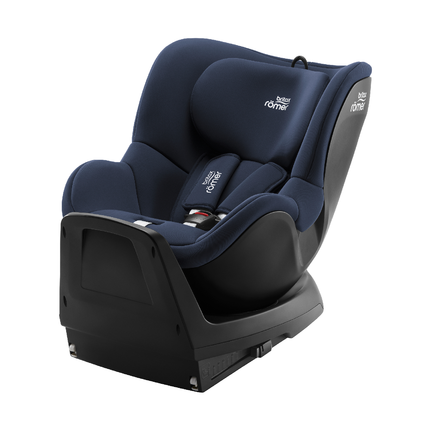 Britax Römer Dualfix M Plus car seat in Moonlight Blue, featuring soft fabric upholstery, adjustable harness, and a sturdy black base for enhanced safety.