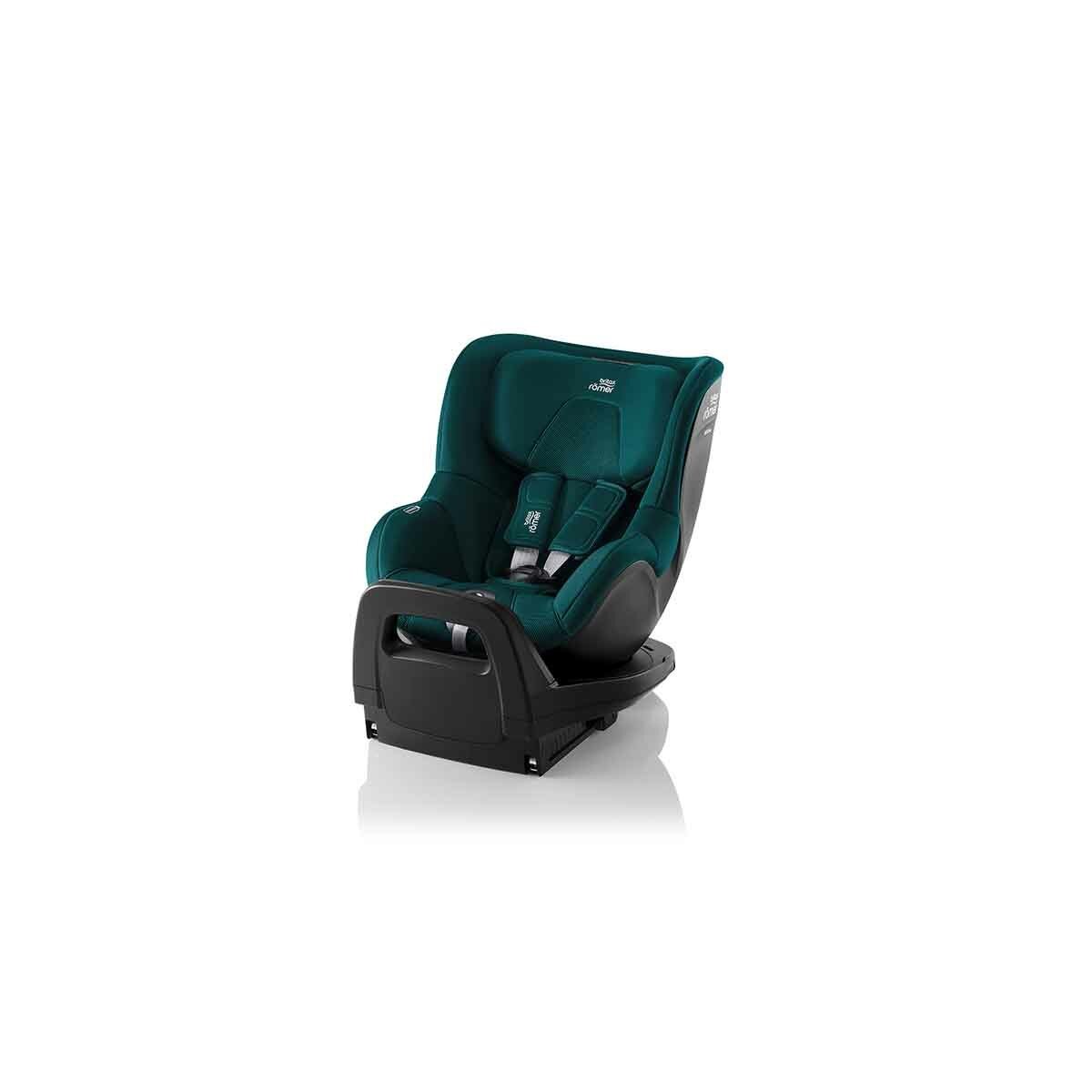 Britax Römer Dualfix Pro M in Atlantic Green features a soft, padded seat with a sleek design, adjustable headrest, and a sturdy black base for enhanced safety.