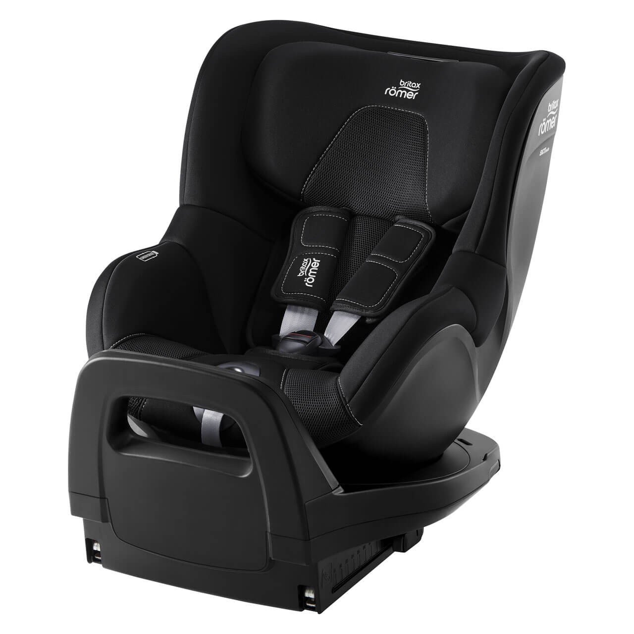 Britax Römer DUALFIX PRO M 360 Spin Car Seat in Galaxy Black features a sleek black fabric, adjustable harness, and a rotating base for easy access.