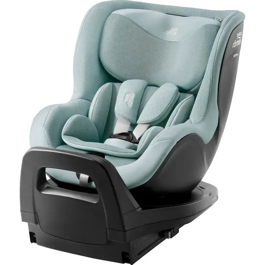 Harbour blue fabric car seat with a sleek black base, featuring adjustable head support, side impact protection, and a secure harness system for children 61-105 cm tall.