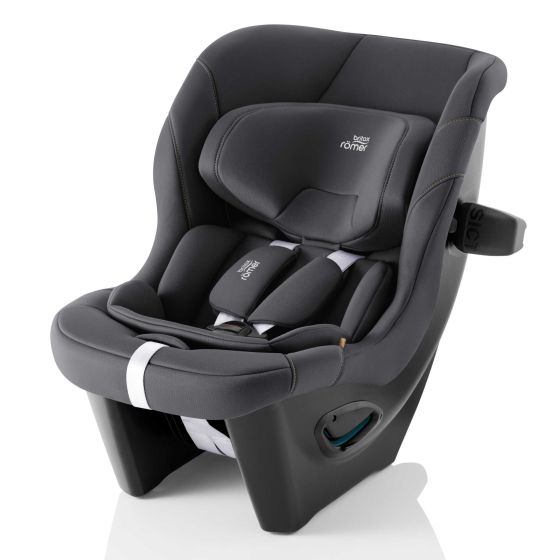 Britax Römer MAX-SAFE PRO car seat in Midnight Grey features a sleek design with soft fabric, adjustable headrest, side impact protection, and a secure harness system.