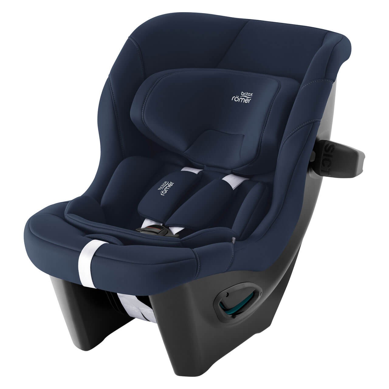Britax Römer MAX-SAFE PRO car seat in night blue, featuring a soft fabric cover, adjustable headrest, and secure harness system, designed for safety and comfort.