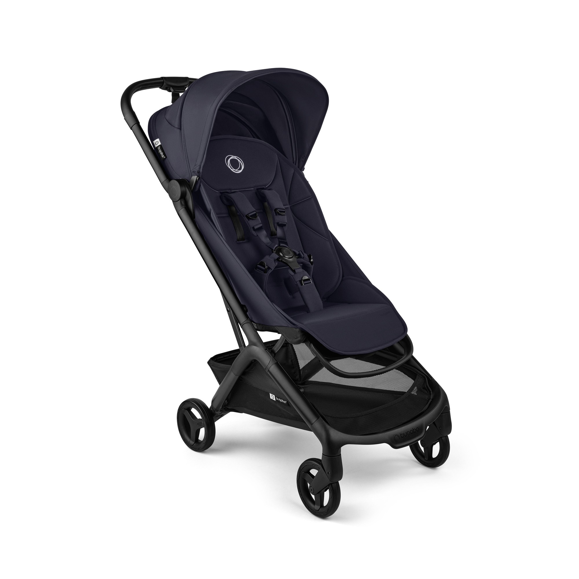 Bugaboo Butterfly 2 stroller in deep indigo features a sleek design, adjustable canopy, padded seat, and a lightweight frame with four wheels for easy maneuverability.