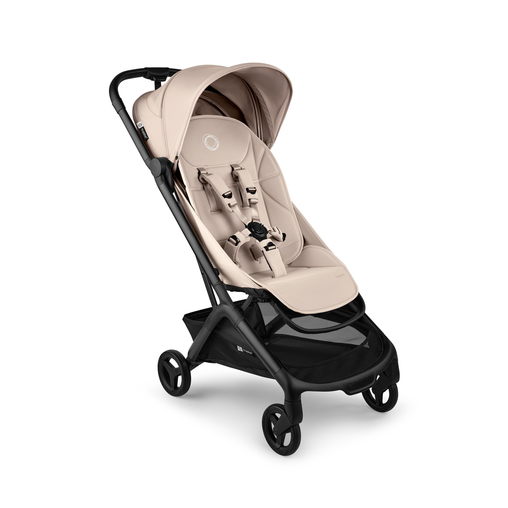 Bugaboo Butterfly 2 stroller in Desert Taupe features a lightweight frame, adjustable canopy, plush seating, and a compact design with black wheels and a mesh storage basket.