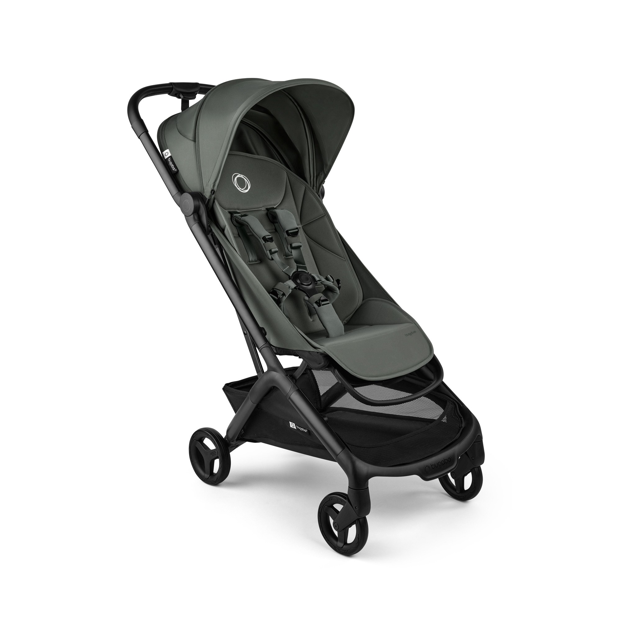 Forest green Bugaboo Butterfly 2 stroller features a lightweight frame, adjustable canopy, and a compact design with a spacious storage basket underneath.