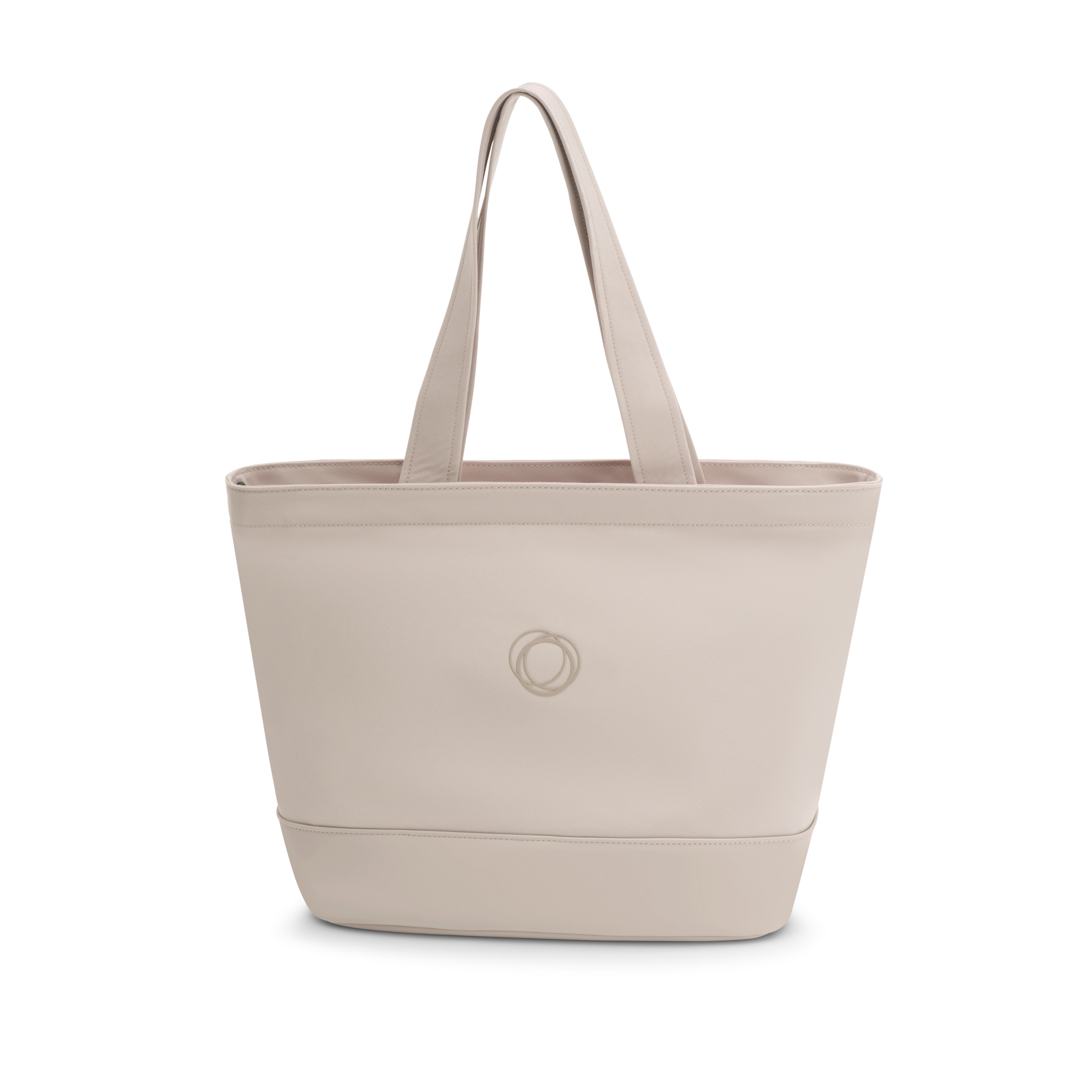 Light beige Bugaboo Changing Bag with a smooth leather-like finish, featuring two sturdy handles and a subtle embossed logo on the front.