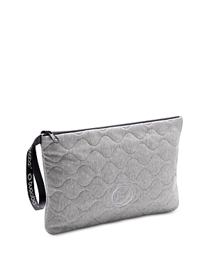 Light grey melange changing clutch by Bugaboo, featuring a quilted design, zip closure, and a black logo strap for easy carrying.