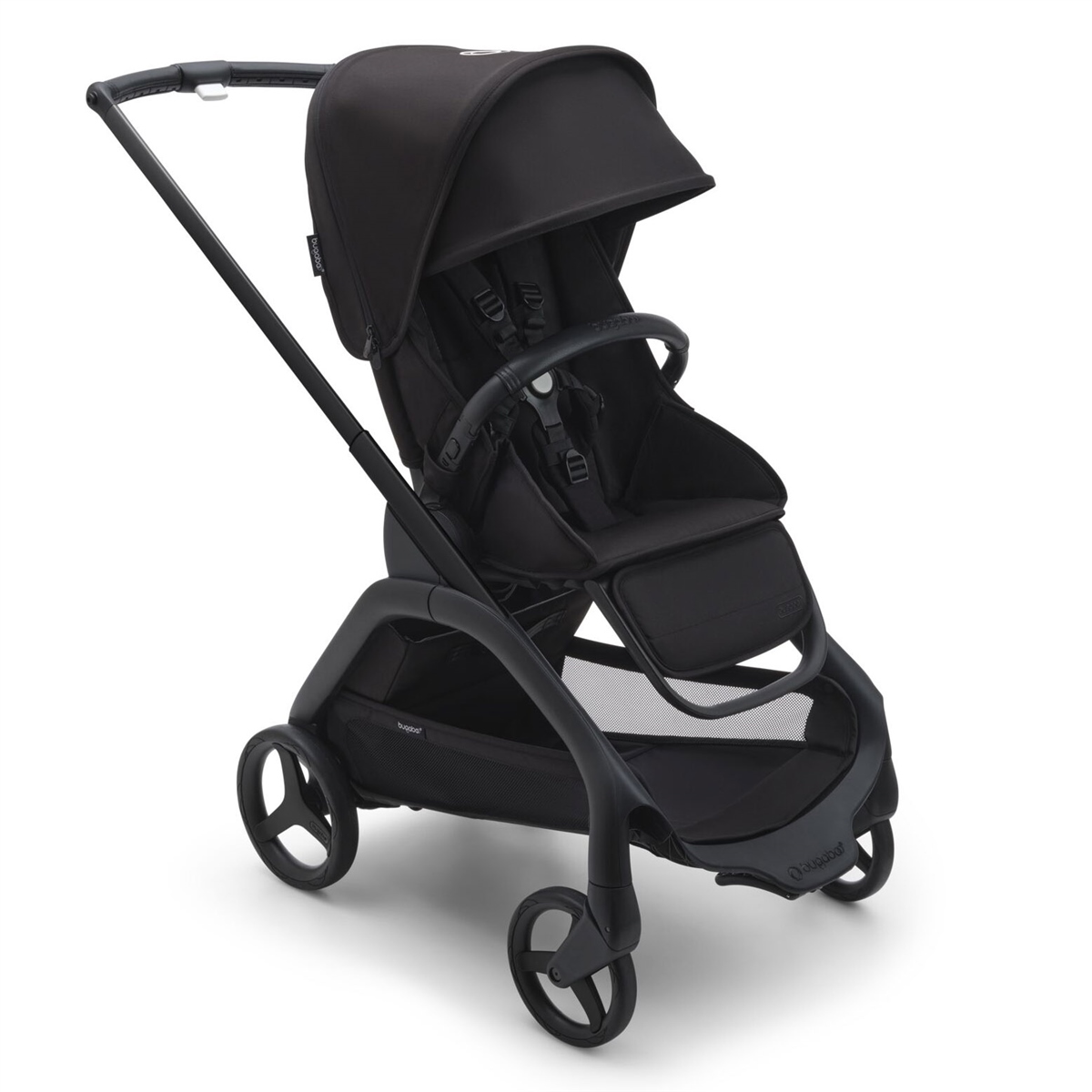 Bugaboo Dragonfly Pushchair in Midnight Black features a sleek black fabric seat, adjustable canopy, safety harness, and a spacious storage basket on a sturdy frame with four wheels.