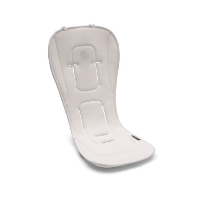 White, padded pushchair seat liner with a contoured shape, featuring adjustable straps for secure attachment, designed for comfort and support in Bugaboo strollers.
