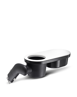 Black and white Bugaboo Fox Tray featuring a curved design with a deep cup holder and a flat surface for snacks, made from durable plastic.