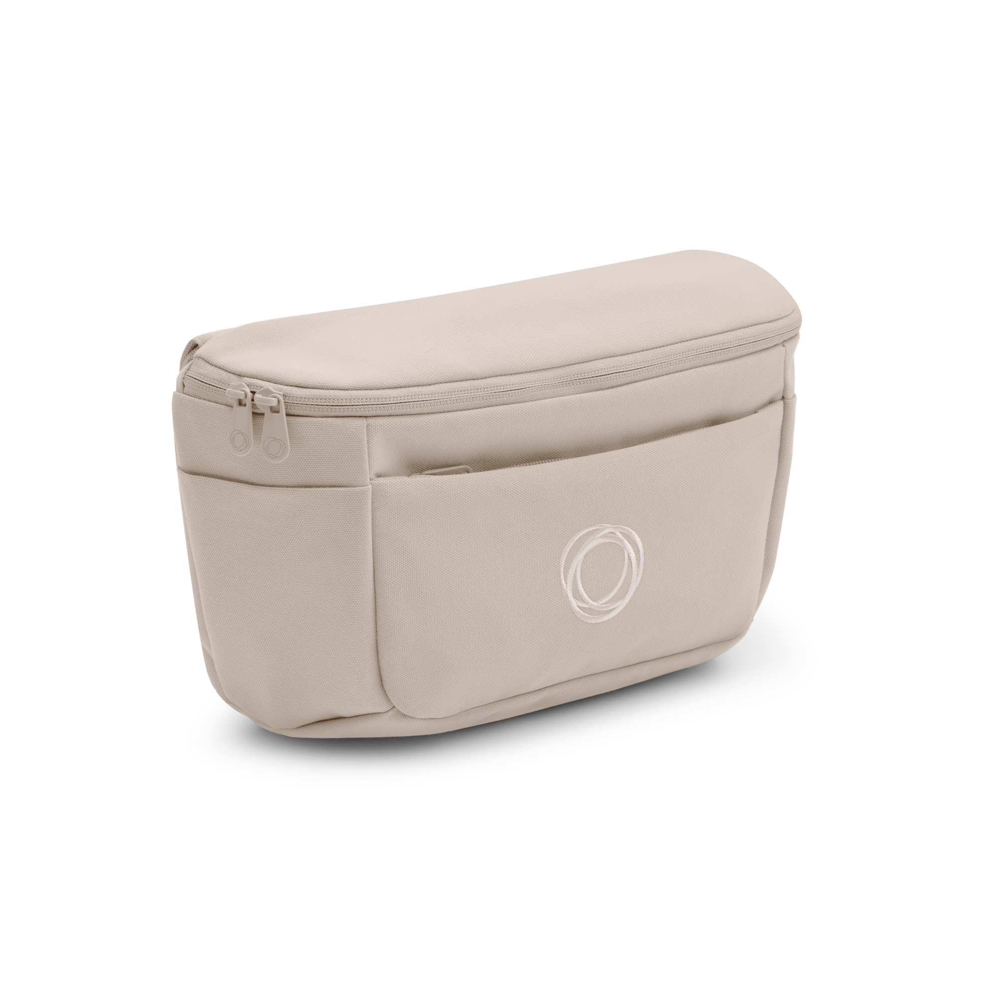 Beige Bugaboo Universal Stroller Organizer featuring a zippered main compartment, front pocket, and embroidered logo, made from durable fabric for easy attachment to strollers.