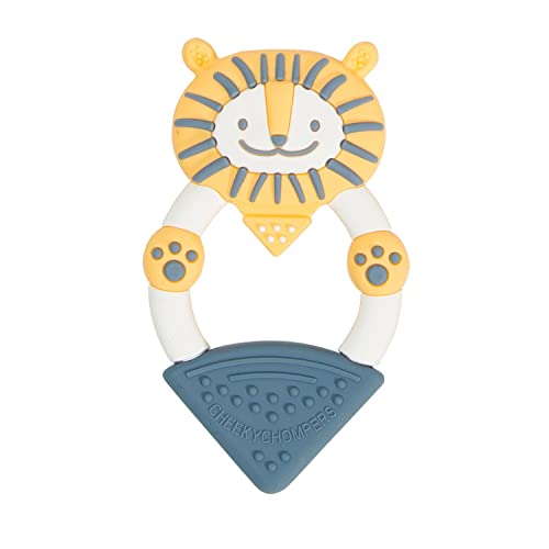 Brightly colored teething ring featuring Bertie the Lion design, made of soft silicone, with a yellow lion face, white handle, and blue triangle applicator, BPA and phthalate-free.