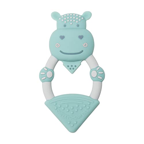 Light blue silicone teething ring shaped like a friendly animal, featuring a smiling face, textured surfaces, and an integrated gel applicator for soothing teething relief.