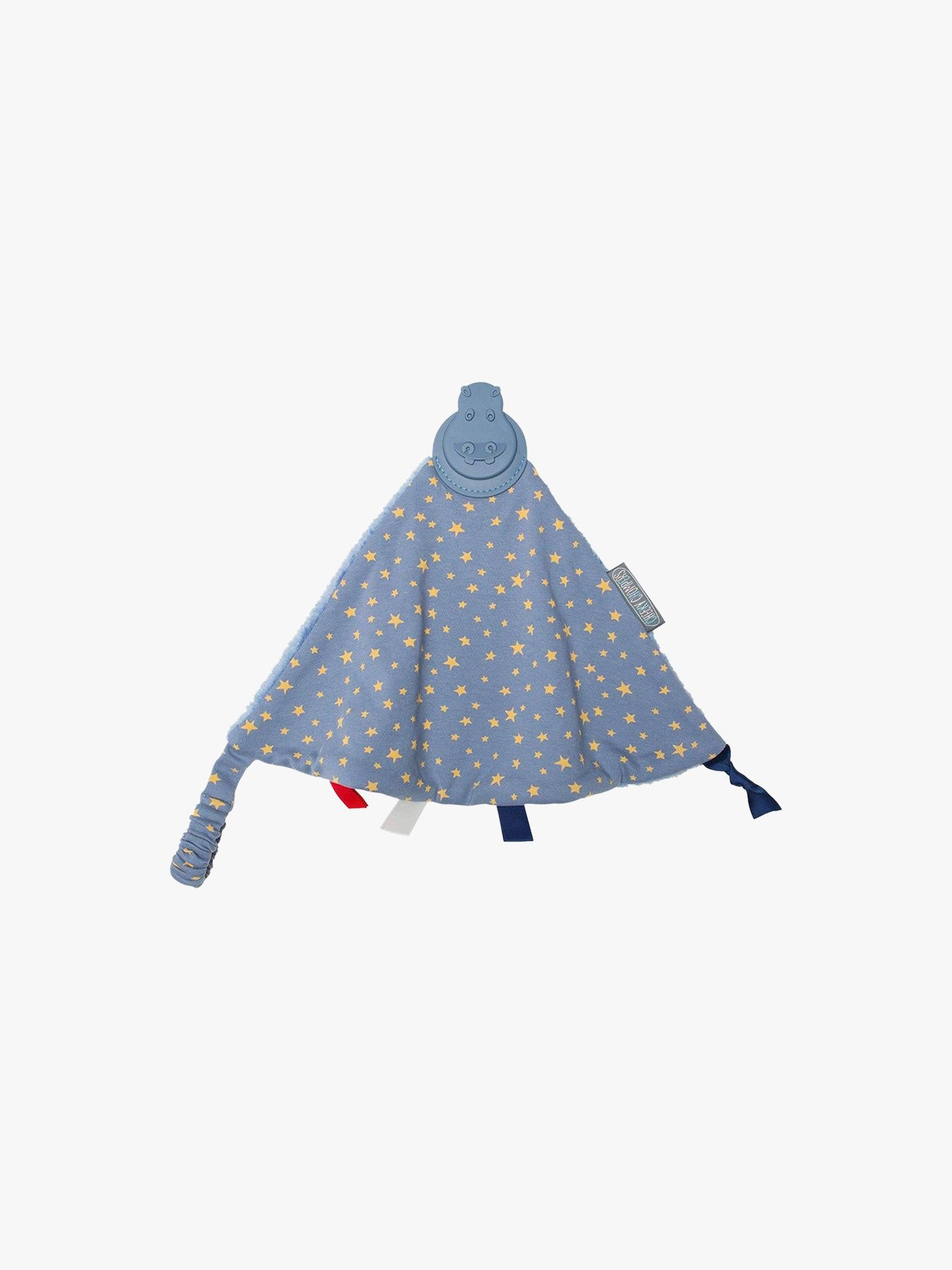 Blue baby blanket comforter with yellow star pattern, featuring a silicone teething section, sensory tags, and a smiling face design, perfect for newborns and as a baby gift.