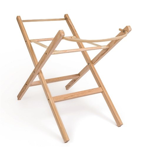 Folding wooden Moses basket stand in light natural wood, featuring a sturdy X-frame design and canvas straps for secure basket support.