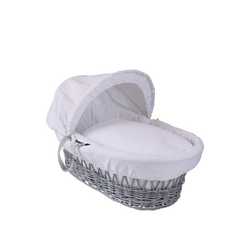 Waffle grey wicker Moses basket with a white padded liner and canopy, featuring a soft, breathable fabric for comfort and safety.
