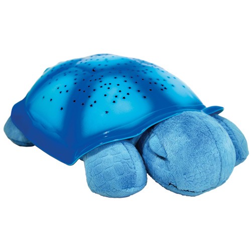 A plush blue turtle with a starry shell that projects light, featuring soft textures and a rounded shape, ideal for soothing nighttime comfort.