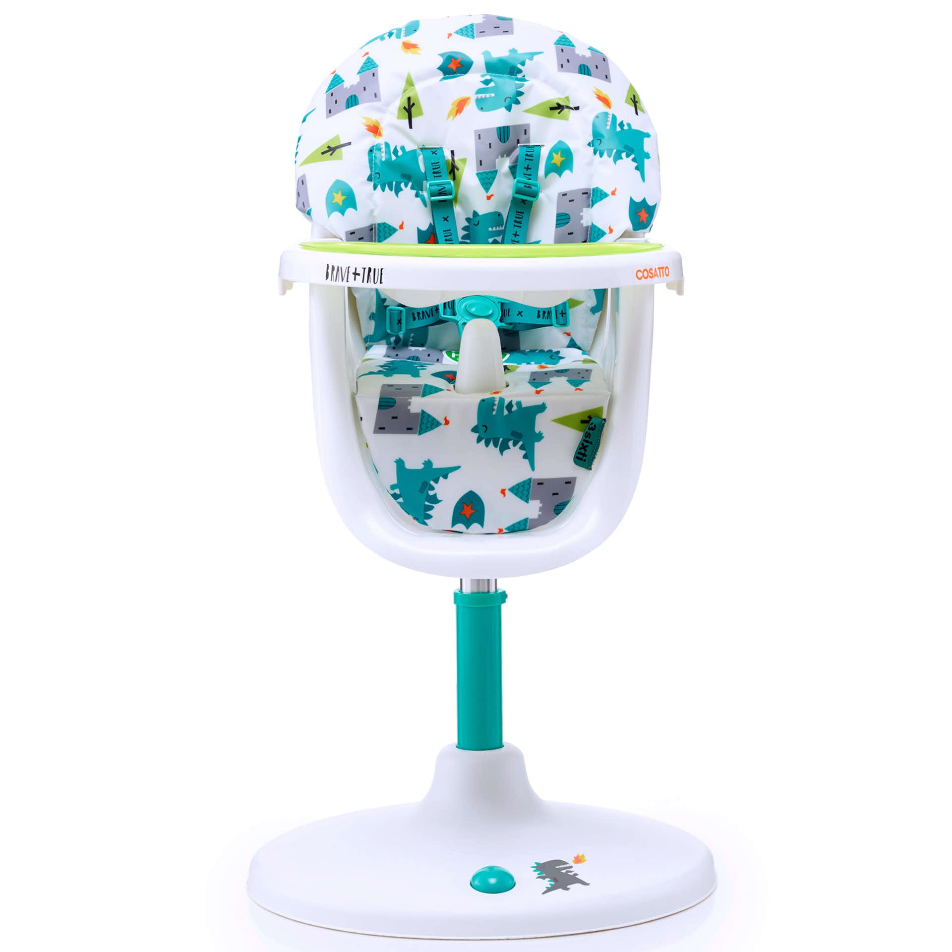 Cosatto 3 Sixti Highchair in white with a colorful dinosaur-patterned seat, featuring a sturdy base and adjustable height for convenience.