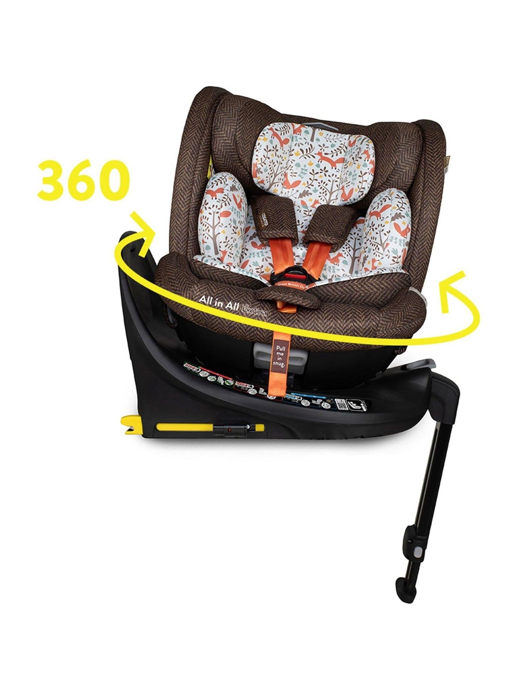 Cosatto Foxford Hall All in All Extra I-Size 360 car seat features a brown herringbone fabric with a colorful woodland pattern, allowing for 360-degree rotation for easy access.