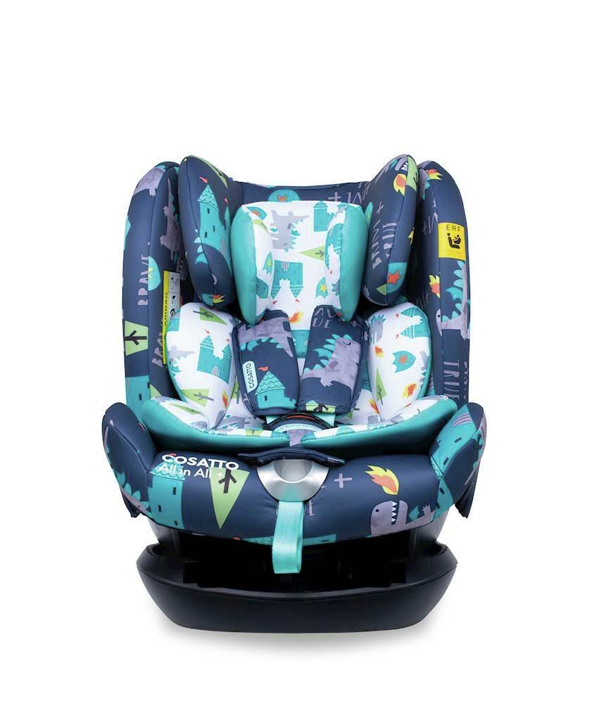 Cosatto All in All Plus car seat in Dragon Kingdom design features a blue and green color scheme with playful dragon graphics, padded sides, and a secure harness system.