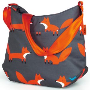 Stylish orange and gray changing bag featuring playful fox patterns, made from durable material with a comfortable shoulder strap.