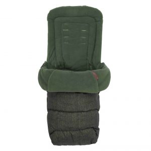 Cosatto Footmuff in Bureau design features a deep green top with a soft texture and a black mesh lower section, designed for warmth and comfort in strollers.