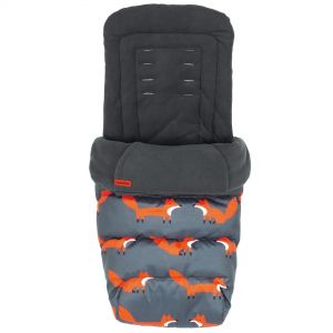 Cosatto Universal Footmuff in grey and orange features a soft, padded design with a playful fox pattern and a cozy, adjustable top for warmth and comfort.
