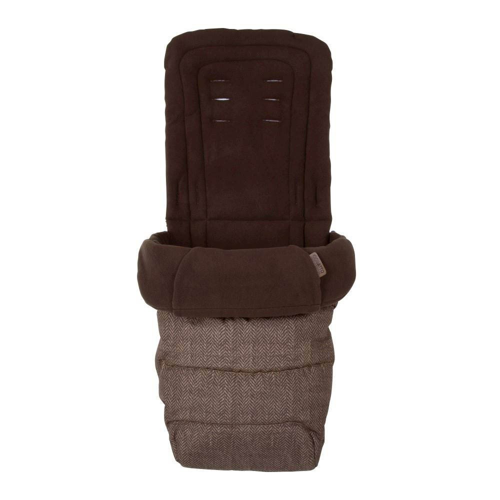 Brown footmuff with a textured herringbone pattern at the bottom, featuring a soft, padded top section and adjustable straps for secure fitting.