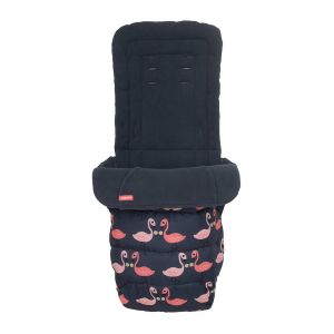Cosatto Universal Footmuff in black with a pink flamingo pattern, featuring a plush, padded design for warmth and comfort, ideal for strollers.