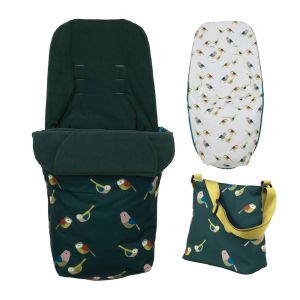 Cosatto Giggle Bundle Accessory Pack in green features a plush, bird-patterned footmuff, a padded seat liner with a bird print, and a matching tote bag with yellow accents.