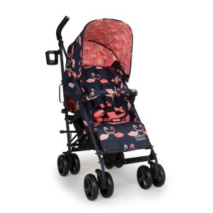 Cosatto Supa 3 stroller in blue and pink, featuring a flamingo print, a foldable design, adjustable canopy, and a comfortable seat with safety harness.