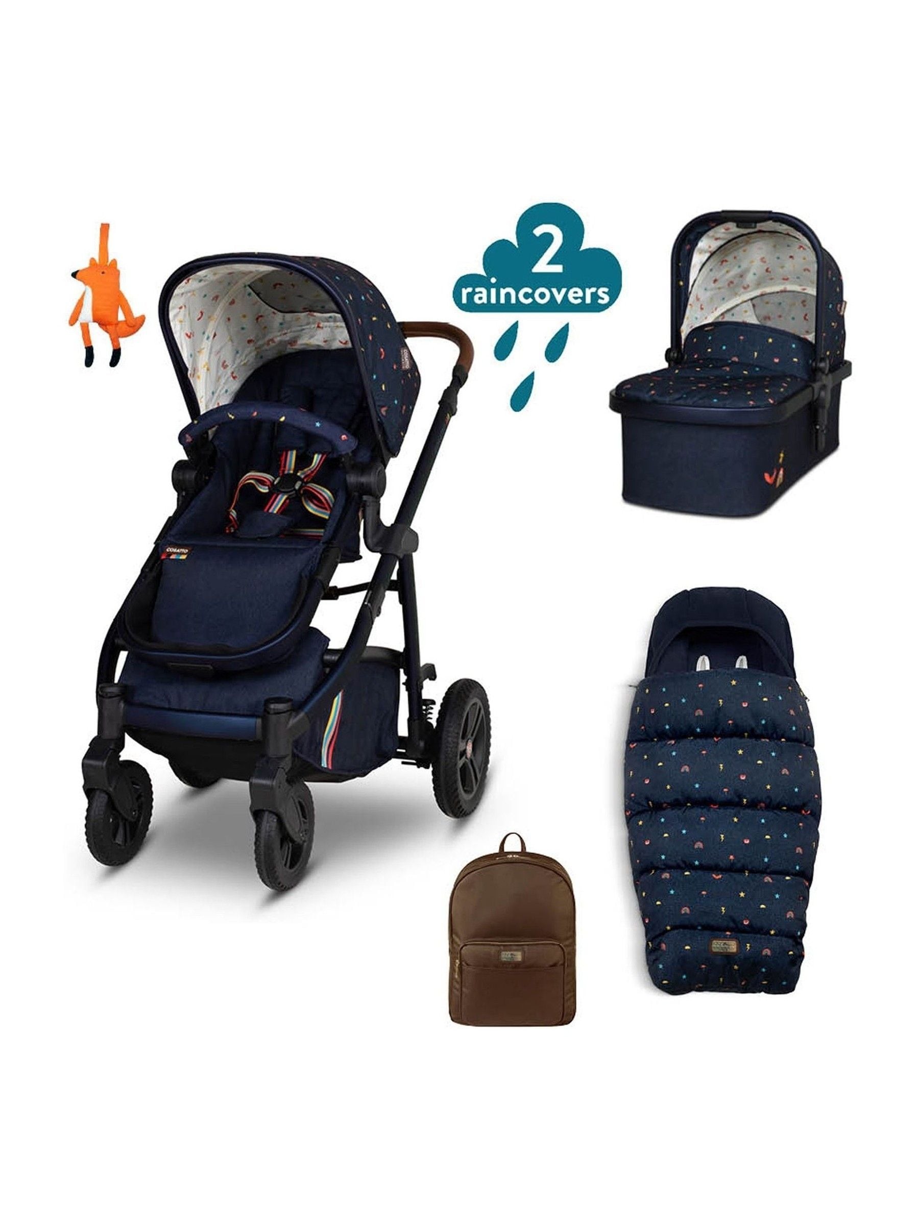 Cosatto Doodle Days Wow 3 bundle features a navy stroller with colorful polka dots, a matching carrycot, two raincovers, and a brown backpack, all in durable materials.