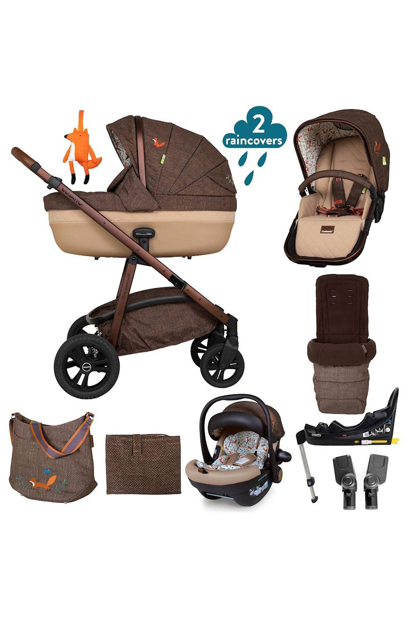 Cosatto Wow Continental Foxford Hall Everything Bundle in brown, featuring a stylish pram, car seat, changing bag, and accessories, all with a whimsical fox design and two raincovers.