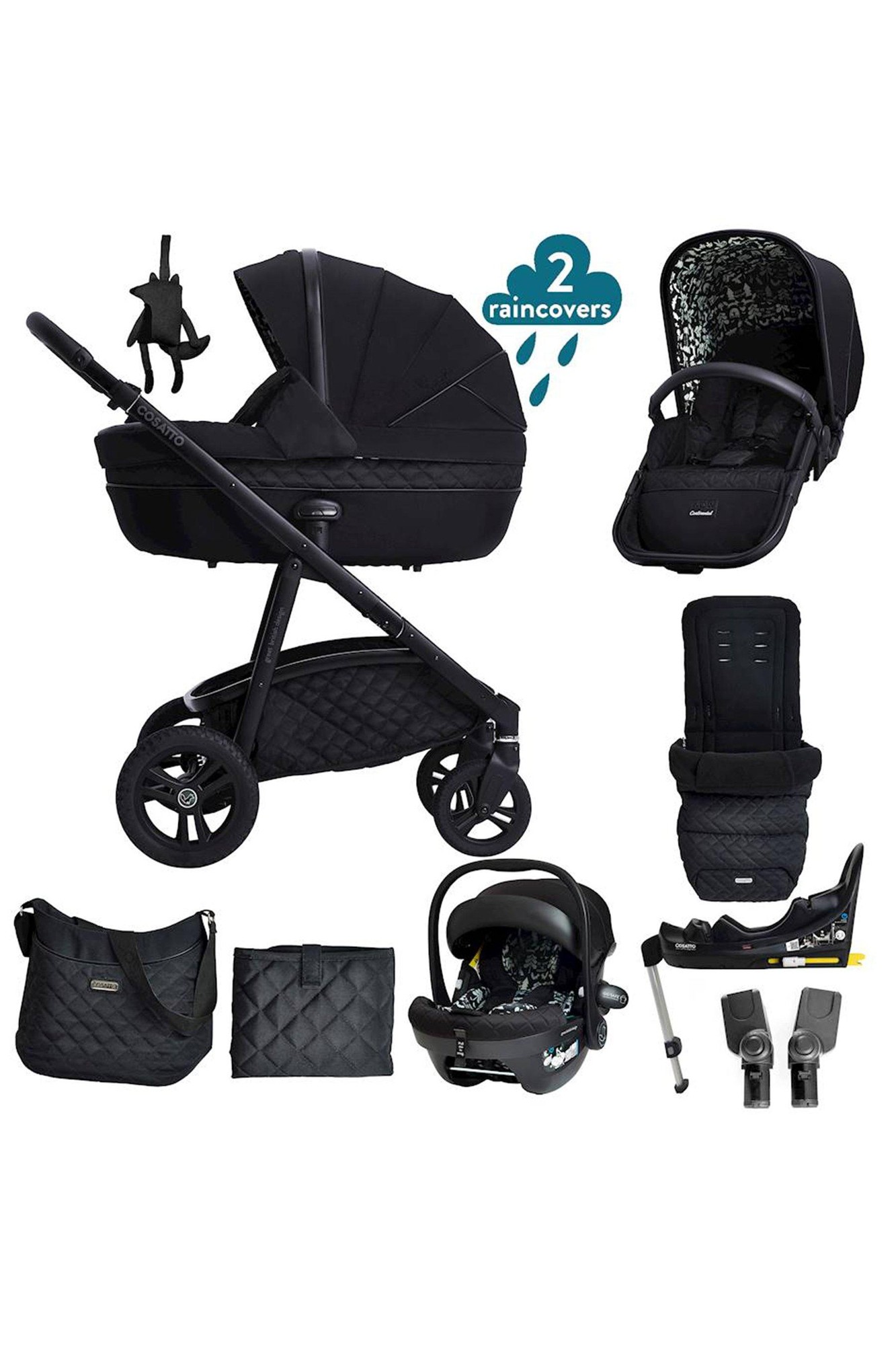 Cosatto Wow Continental Everything Bundle in sleek black features a stylish stroller, carrycot, car seat, changing bag, and two rain covers, all with a quilted design.